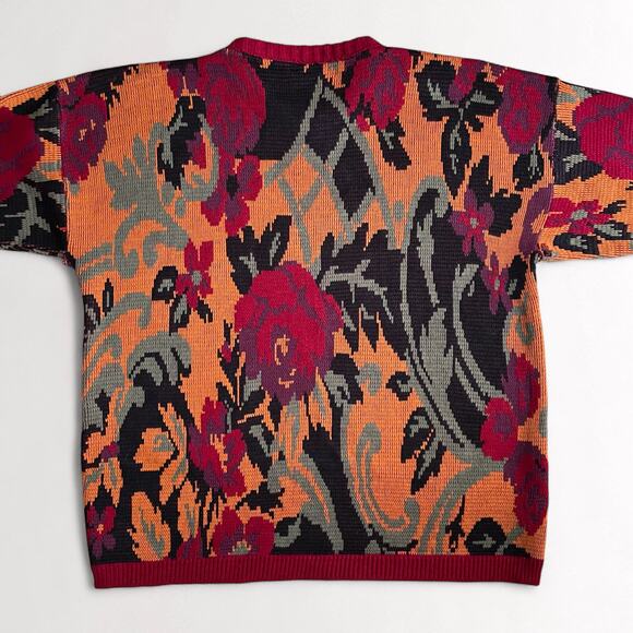 Vintage 90s Earthy Fall AOP Sweater Intarsia Made In USA Cottage Artsy Boho Cozy - Picture 8 of 9